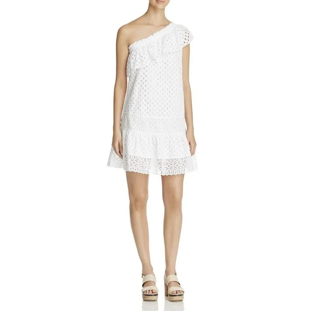 Tory Burch Zoe One Shoulder Dress White Lace Cotton Ruffle Lined Women’s Size 6